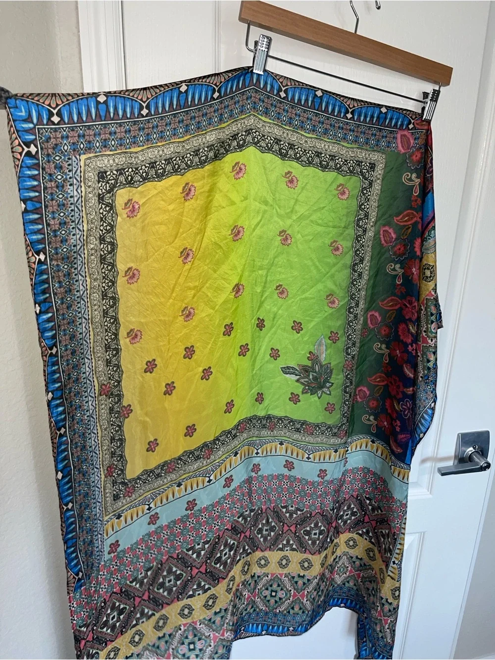 JOHNNY WAS Cozumel Scarf Flowers Silk Square Floral Green Multicolor Tassel 44”